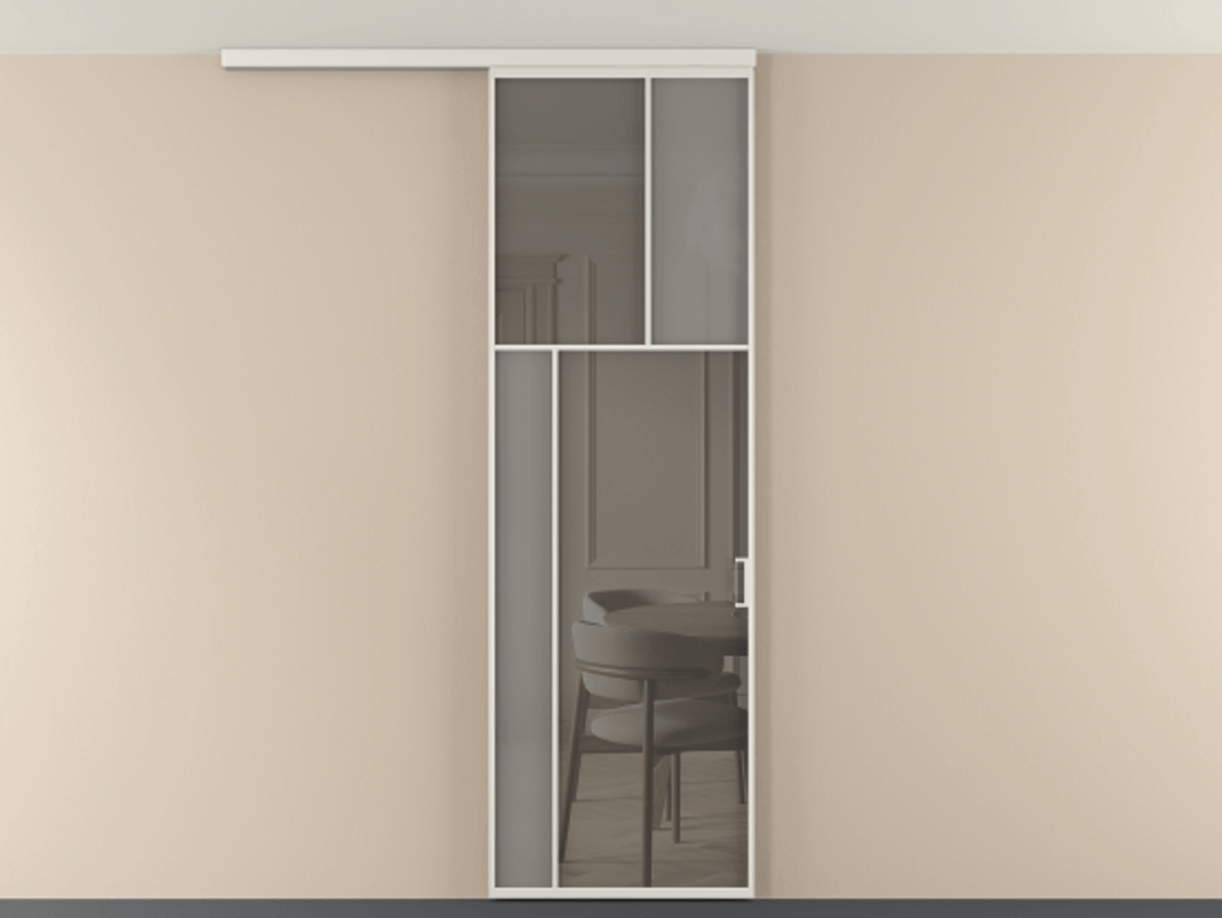 Перегородка Мозаик вдоль стены на потолок 1 створка АЛПР 041.22 Алюминий серый Сатинированное серое стекло, триплекс, 6 мм + Прозрачное серое стекло, триплекс Цена 1020902 ₸ | Volhovec