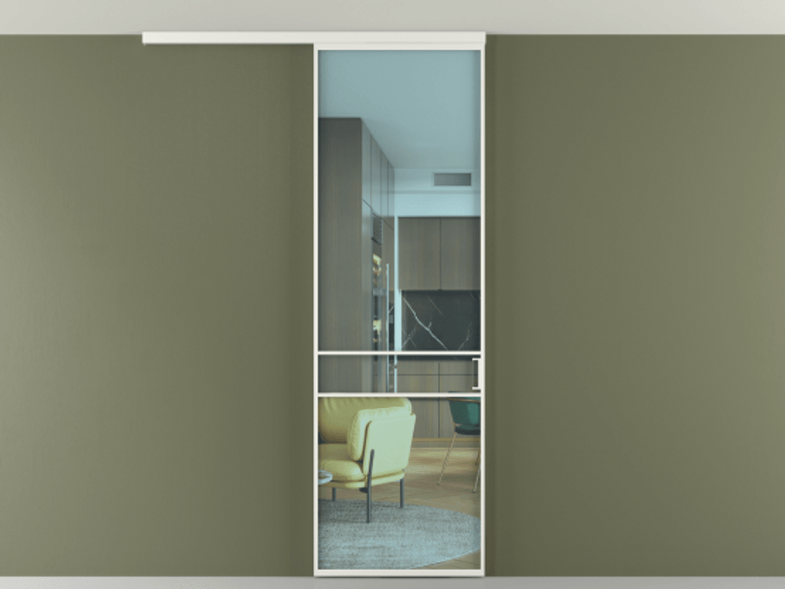 Перегородка Формато вдоль стены на потолок 1 створка АЛПР 040.02 Алюминий светло-серый Прозрачное голубое стекло, триплекс Цена 732243 ₸ | Volhovec