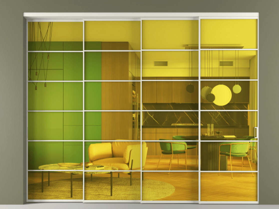 Перегородка Formato внутри проёма телескопик синхро 3 АЛПР 040.04 Алюминий Белый Прозрачное жёлтое стекло, триплекс Цена 2906500 ₸ | Volhovec