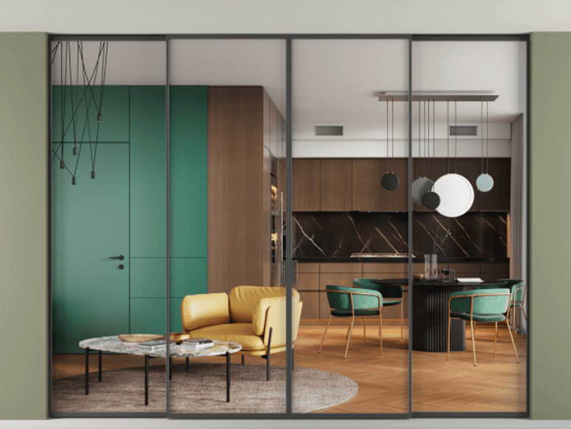 Перегородка Формато внутри проёма скрытое крепление в потолок 4 створки АЛПР 040.01  Прозрачное стекло "Кристал Вижн", калёное Цена 4715777 ₸ | Volhovec