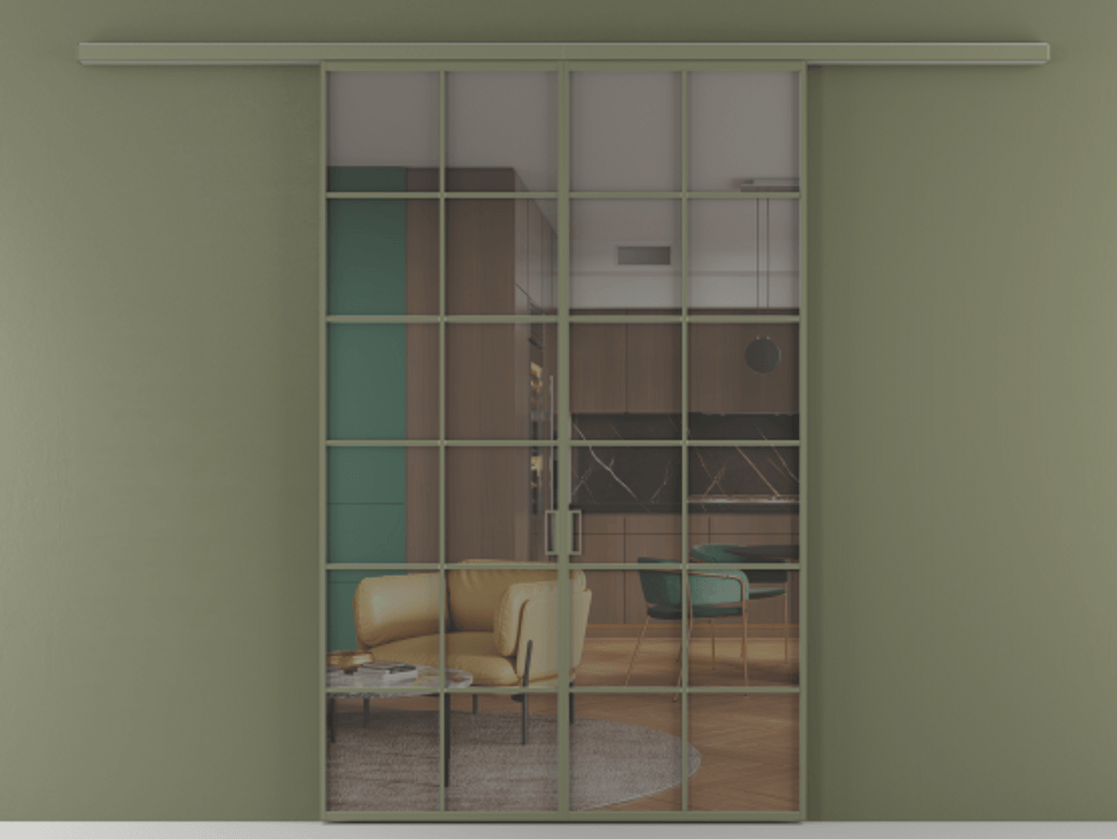 Перегородка Formato вдоль стены двустворчатая АЛПР 040.05 Алюминий оливковый тёмный Прозрачное серое стекло, триплекс Цена 1344350 ₸ | Volhovec