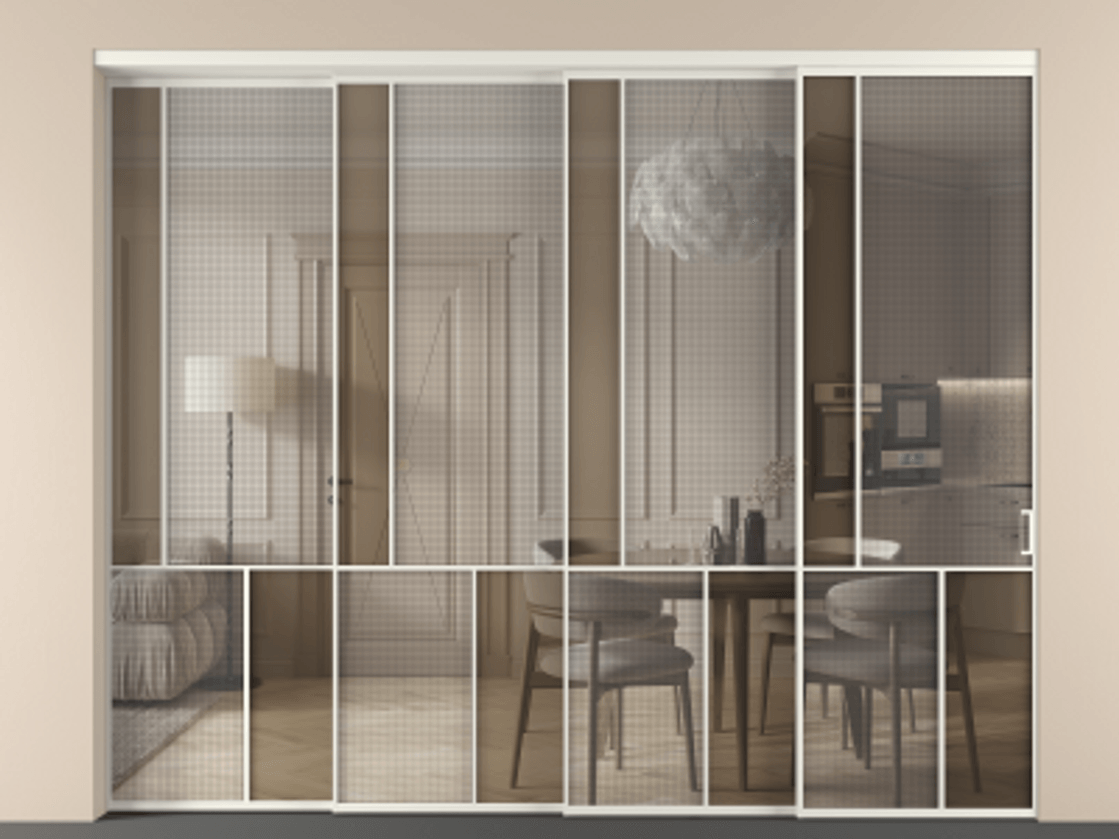 Перегородка Mosaic внутри проема телескопик синхро-4 АЛПР 041.20 Алюминий Белый Mesh silver + Бронза прозрачное триплекс Цена 3385320 ₸ | Volhovec