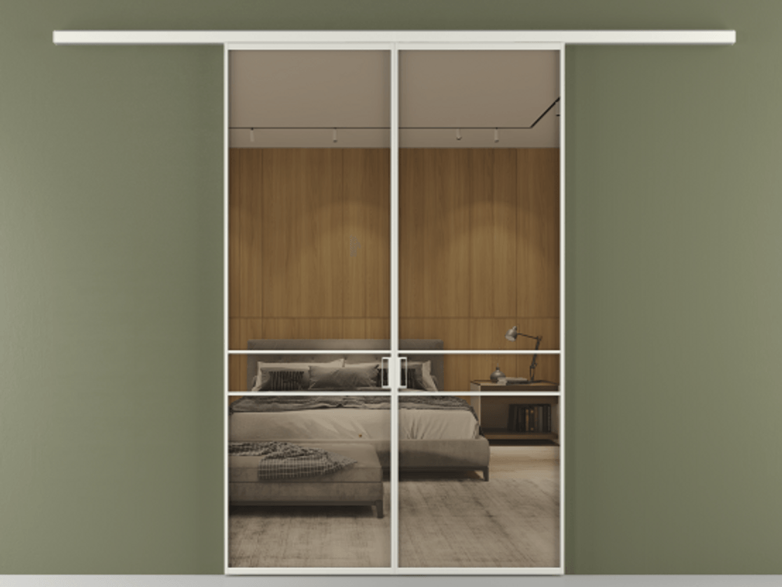 Перегородка Formato вдоль стены 2 створки АЛПР 040.02 Алюминий серый Рефлективное бронзовое стекло "Stopsol", калёное Цена 1553760 ₸ | Volhovec