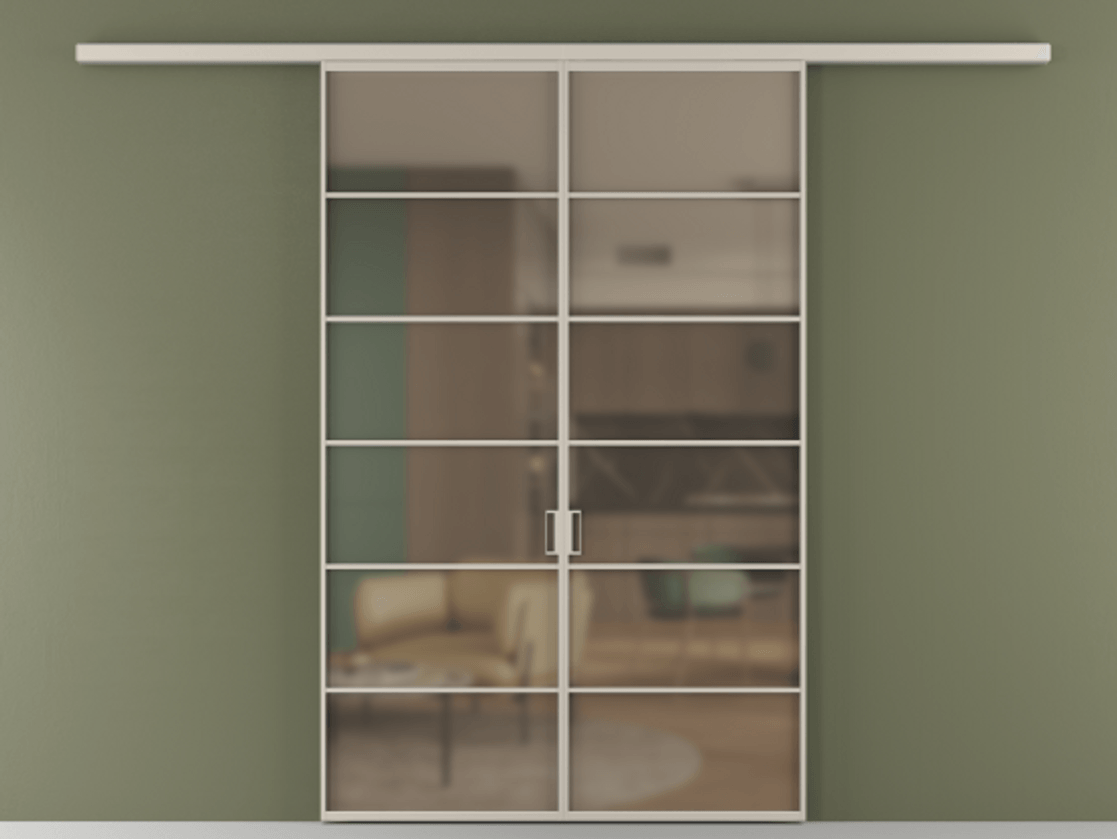 Перегородка Formato вдоль стены двустворчатая АЛПР 040.04 Алюминий светло-бежевый Сатинированное бронзовое стекло, триплекс Цена 1344350 ₸ | Volhovec