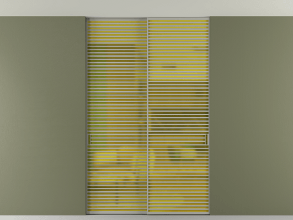 Перегородка Formato внутри проёма скрытое крепление в потолок 2 створки АЛПР 040.07 Алюминий нейтральный серый Сатинированное жёлтое стекло, триплекс Цена 3152000 ₸ | Volhovec