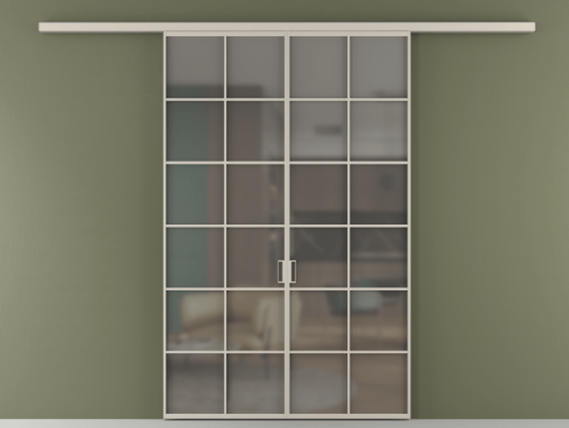 Перегородка Formato вдоль стены двустворчатая АЛПР 040.05 Алюминий светло-бежевый Сатинированное серое стекло, триплекс Цена 1344350 ₸ | Volhovec