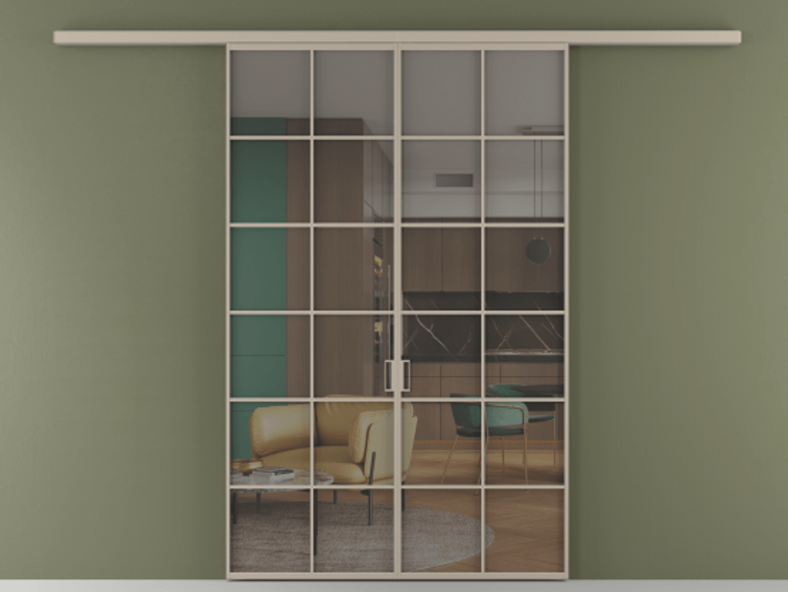 Перегородка Formato вдоль стены двустворчатая АЛПР 040.05 Алюминий бисквитный Прозрачное серое стекло, триплекс Цена 1344350 ₸ | Volhovec