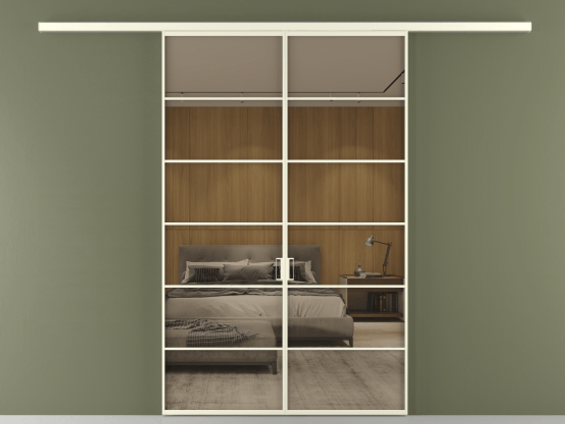 Перегородка Formato вдоль стены 2 створки АЛПР 040.04 Алюминий молочно-белый Рефлективное бронзовое стекло "Stopsol", калёное Цена 1651100 ₸ | Volhovec