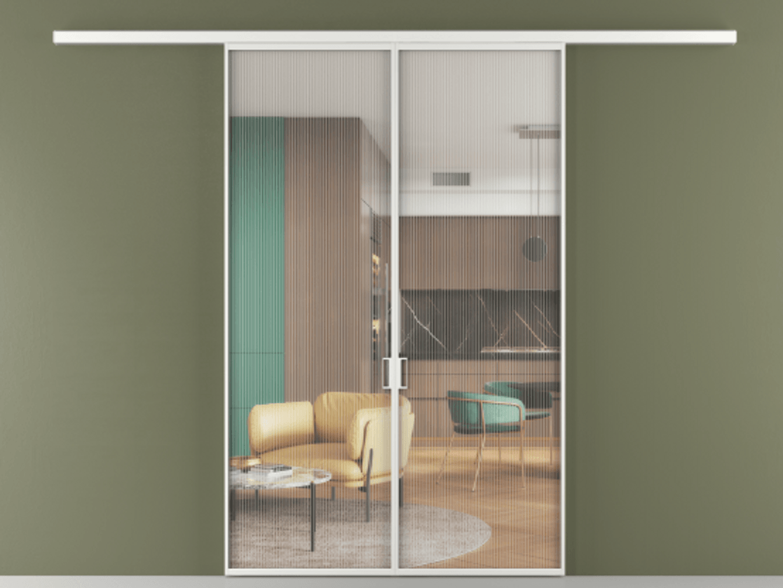 Перегородка Formato вдоль стены 2 створки АЛПР 040.01 Алюминий белоснежный Рифлёное стекло "Moru", триплекс Цена 1486370 ₸ | Volhovec