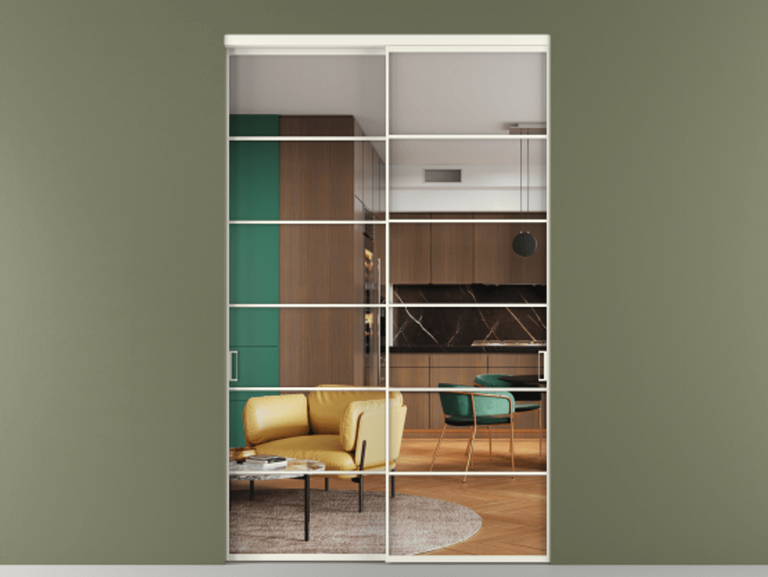 Перегородка Формато внутри проёма 2 створки АЛПР 040.04 Алюминий жемчужный Прозрачное стекло "Кристал Вижн", калёное Цена 3733884 ₸  | Volhovec