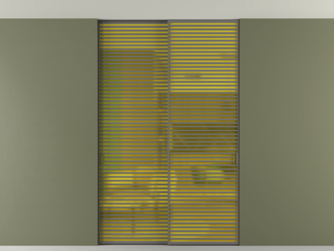 Перегородка Formato внутри проёма скрытое крепление в потолок 2 створки АЛПР 040.07 Алюминий классический серый Сатинированное жёлтое стекло, триплекс Цена 2676700 ₸ | Volhovec