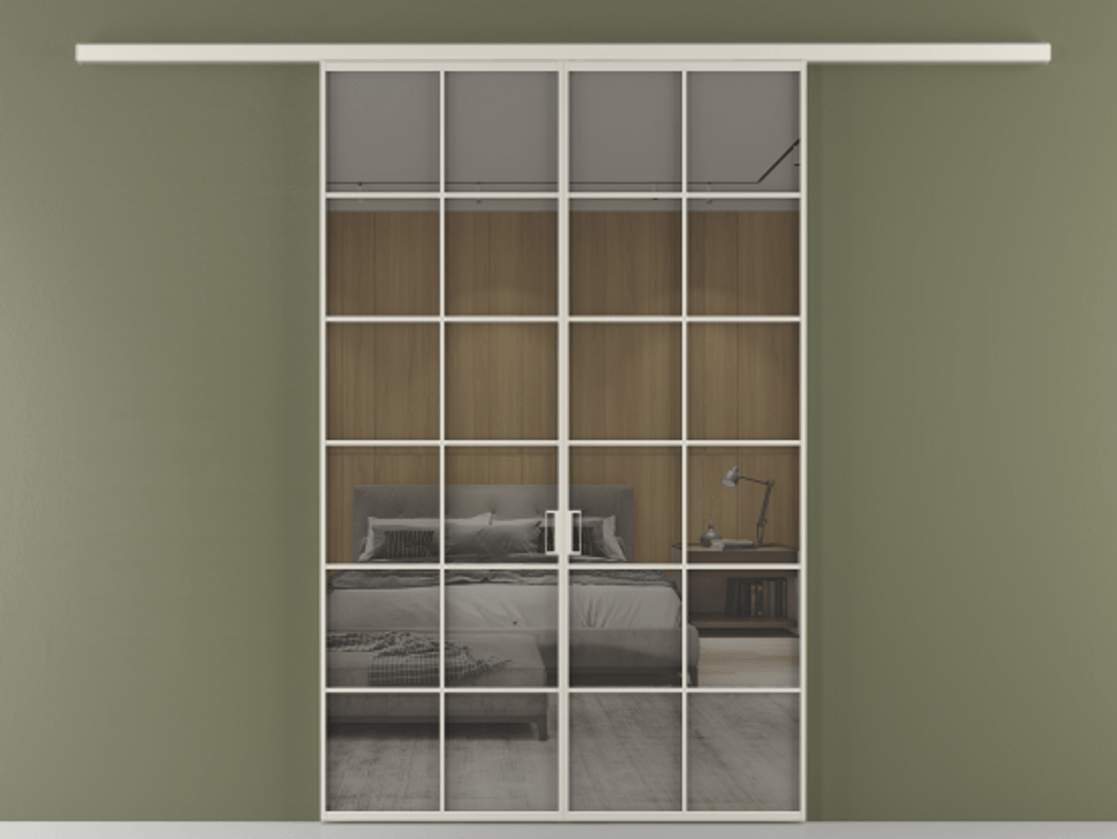 Перегородка Formato вдоль стены двустворчатая АЛПР 040.05 Алюминий облачно-серый Рефлективное серое стекло "Stopsol", калёное Цена 1651100 ₸ | Volhovec