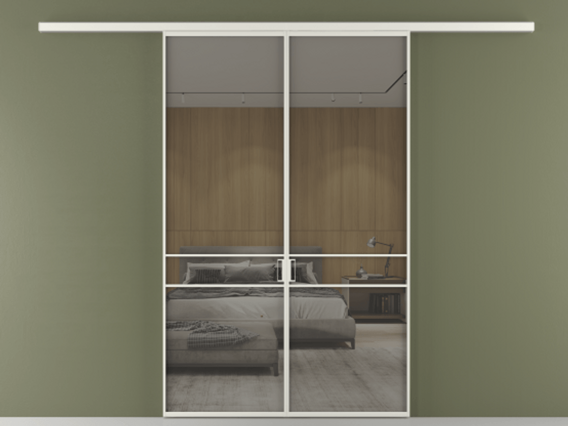 Перегородка Formato вдоль стены двустворчатая АЛПР 040.02 Алюминий серый Рефлективное серое стекло "Stopsol", калёное Цена 1553760 ₸ | Volhovec