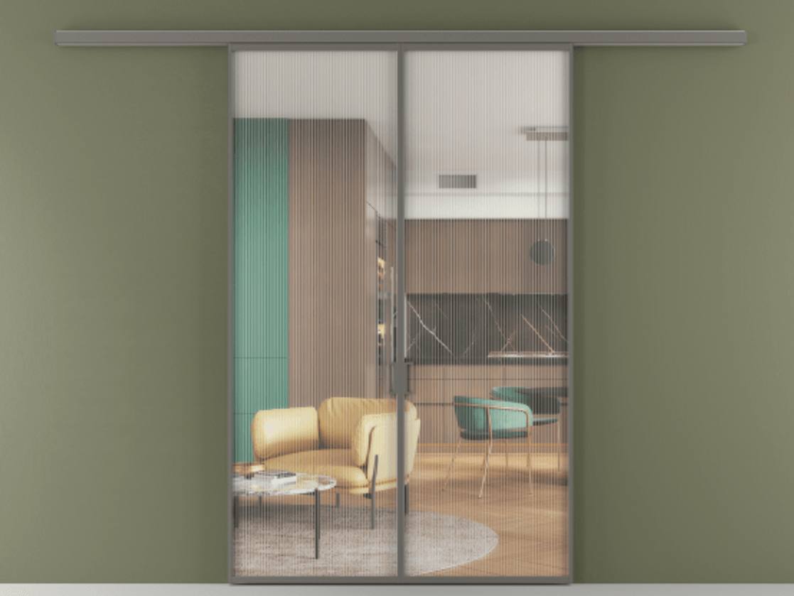 Перегородка Formato вдоль стены 2 створки АЛПР 040.01 Алюминий классический серый Рифлёное стекло "Moru", триплекс Цена 1292430 ₸ | Volhovec