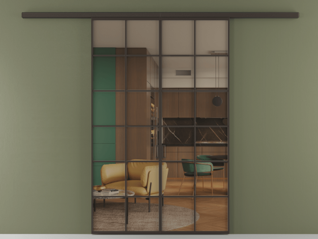 Перегородка Formato вдоль стены 2 створки АЛПР 040.05 Алюминий антрацит Прозрачное бронзовое стекло, триплекс Цена 1344350 ₸ | Volhovec