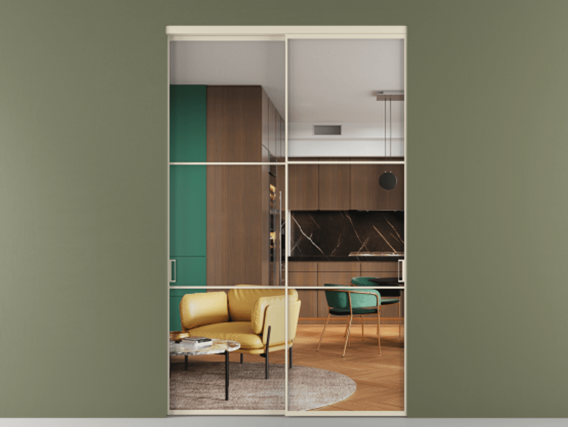 Перегородка Formato внутри проёма 2 створки АЛПР 040.03 Алюминий бежево-серый Прозрачное стекло "Crystal Vision", калёное Цена 2984590 ₸  | Volhovec