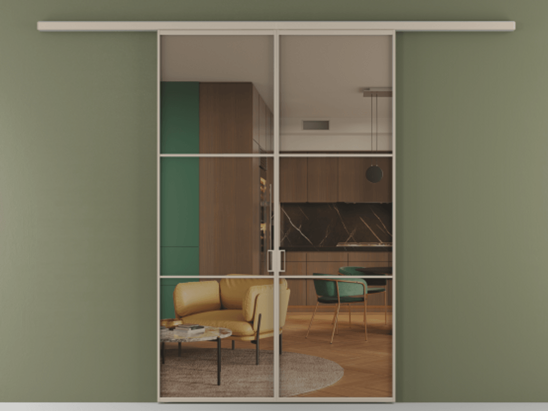 Перегородка Formato вдоль стены двустворчатая АЛПР 040.03 Алюминий бисквитный Прозрачное бронзовое стекло, триплекс Цена 1266470 ₸ | Volhovec