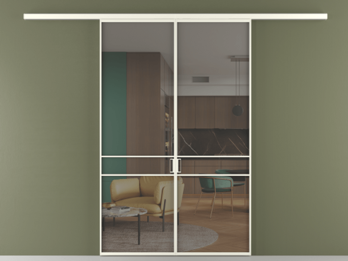 Перегородка Formato вдоль стены 2 створки АЛПР 040.02 Алюминий жемчужный Прозрачное серое стекло, триплекс Цена 1266470 ₸ | Volhovec