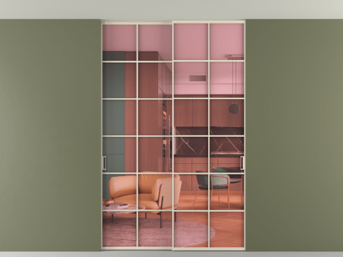 Перегородка Formato внутри проёма скрытое крепление в потолок 2 створки АЛПР 040.05 Алюминий бежево-серый Прозрачное розовое стекло, триплекс Цена 1913700 ₸ | Volhovec