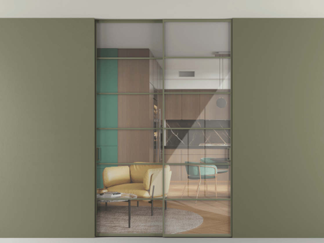 Перегородка Formato внутри проёма скрытое крепление в потолок 2 створки АЛПР 040.04 Алюминий оливковый тёмный Рефлективное прозрачное стекло "Stopsol", калёное Цена 2013520 ₸ | Volhovec