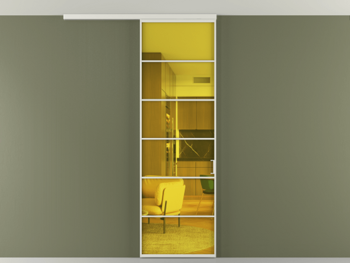 Перегородка Формато вдоль стены на потолок 1 створка АЛПР 040.04 Алюминий серый Прозрачное жёлтое стекло, триплекс Цена 780891 ₸ | Volhovec