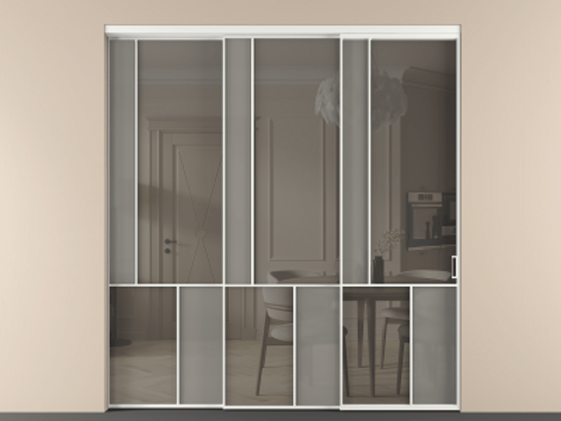 Перегородка Mosaic внутри проёма 3 створки с синхронным механизмом АЛПР 041.20  Алюминий белоснежный Сатинированное серое стекло, триплекс, 6 мм + Прозрачное серое стекло, триплекс Цена 2729310 ₸ | Volhovec