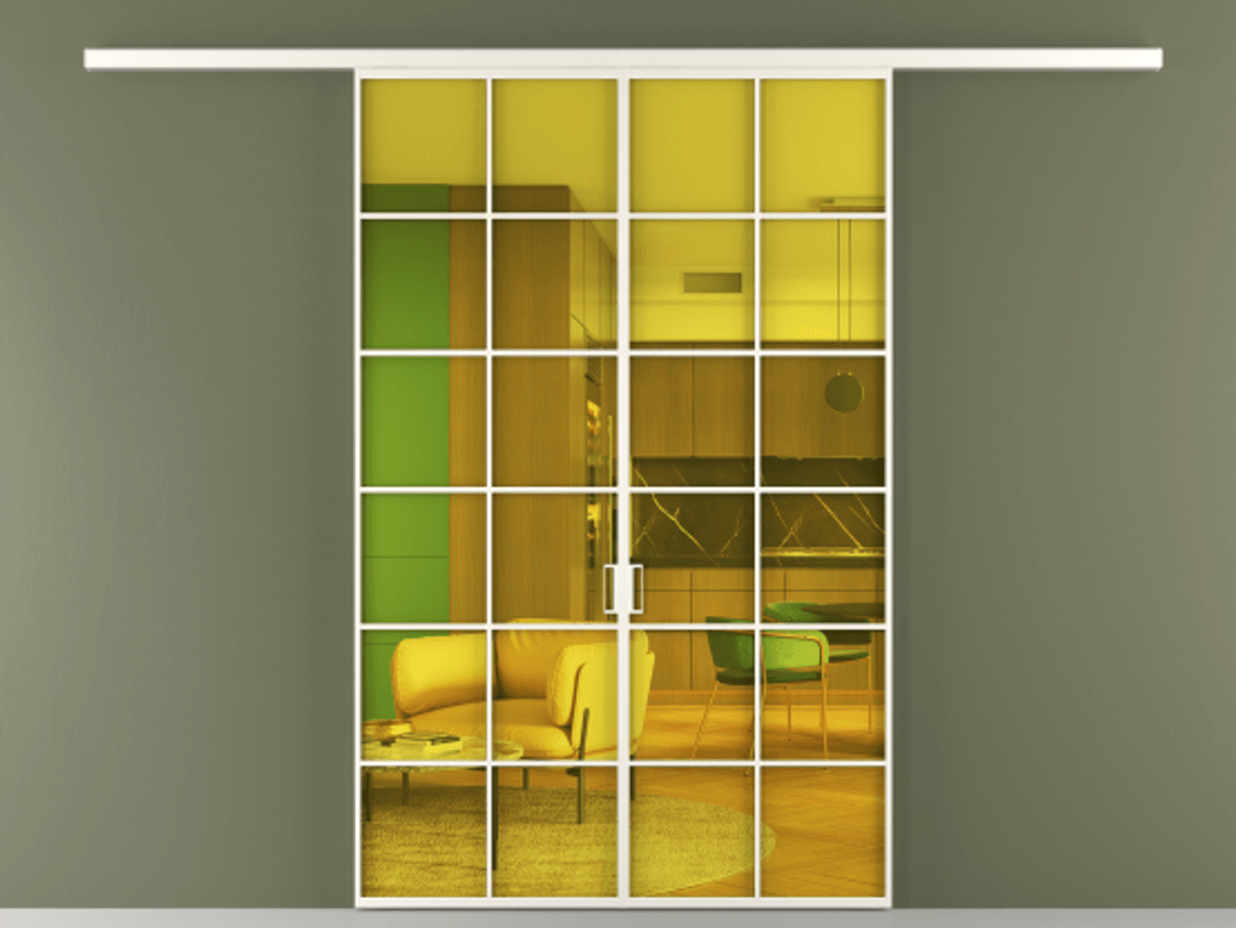 Перегородка Formato вдоль стены 2 створки АЛПР 040.05 Алюминий пудровый белый Прозрачное жёлтое стекло, триплекс Цена 1344300 ₸ | Volhovec