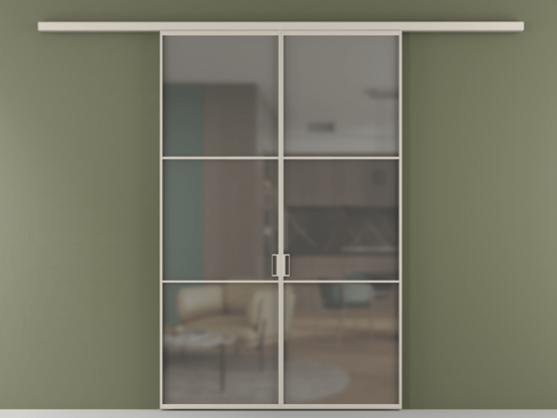 Перегородка Formato вдоль стены двустворчатая АЛПР 040.03 Алюминий светло-бежевый Сатинированное серое стекло, триплекс Цена 1266470 ₸ | Volhovec