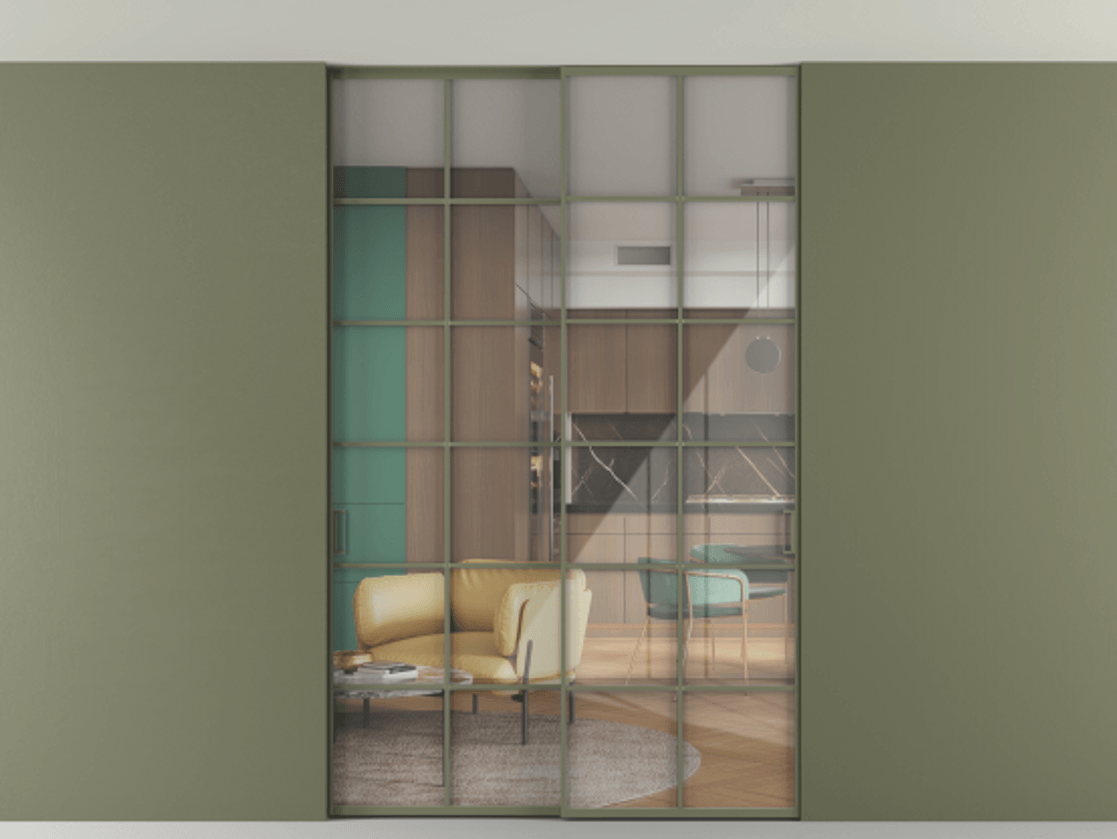 Перегородка Formato внутри проёма скрытое крепление в потолок 2 створки АЛПР 040.05 Алюминий оливковый тёмный Рефлективное прозрачное стекло "Stopsol", калёное Цена 2013520 ₸ | Volhovec