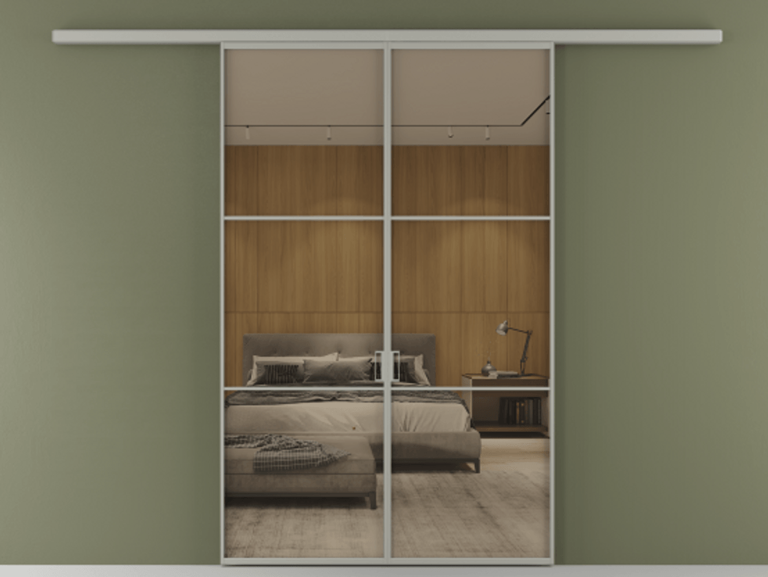 Перегородка Formato вдоль стены двустворчатая АЛПР 040.03 Алюминий нейтральный серый Рефлективное бронзовое стекло "Stopsol", калёное Цена 1553760 ₸ | Volhovec