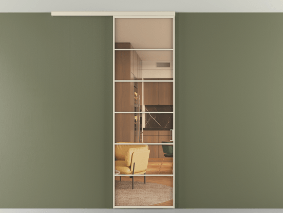 Перегородка Формато вдоль стены на потолок 1 створка АЛПР 040.04 Алюминий бежево-серый Прозрачное оранжевое стекло, триплекс Цена 780891 ₸ | Volhovec