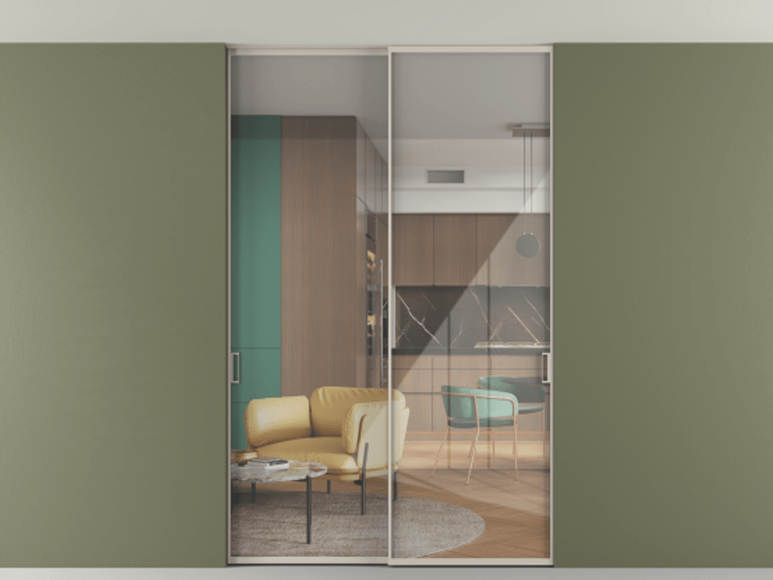 Перегородка Formato внутри проёма скрытое крепление в потолок 2 створки АЛПР 040.01 Алюминий светло-бежевый Рефлективное прозрачное стекло "Stopsol", калёное Цена 1832310 ₸ | Volhovec