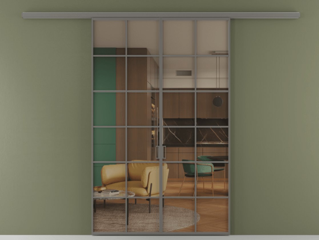 Перегородка Formato вдоль стены двустворчатая АЛПР 040.05 Алюминий классический серый Прозрачное бронзовое стекло, триплекс Цена 1344350 ₸ | Volhovec