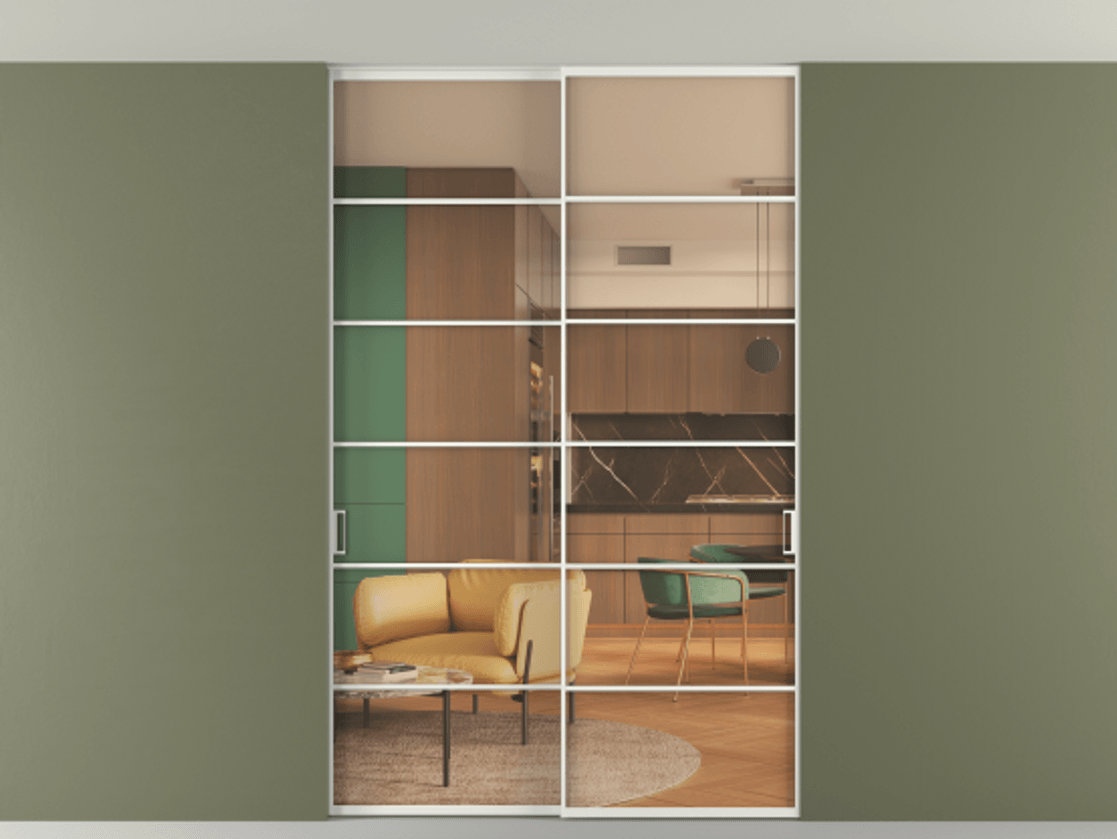 Перегородка Formato внутри проёма скрытое крепление в потолок 2 створки АЛПР 040.04 Алюминий светло-серый Прозрачное оранжевое стекло, триплекс Цена 1686100 ₸ | Volhovec