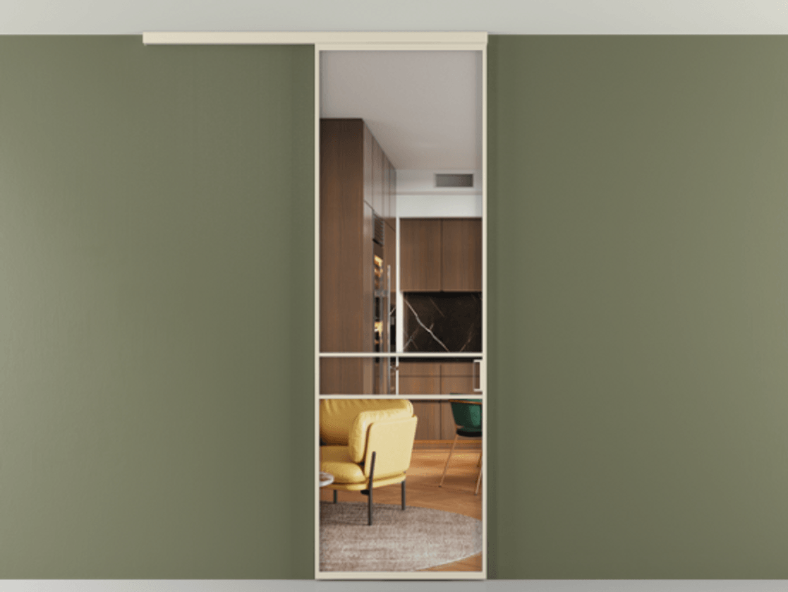 Перегородка Формато вдоль стены на потолок 1 створка АЛПР 040.02 Алюминий бежево-серый Прозрачное стекло "Кристал Вижн", калёное Цена 948856 ₸ | Volhovec