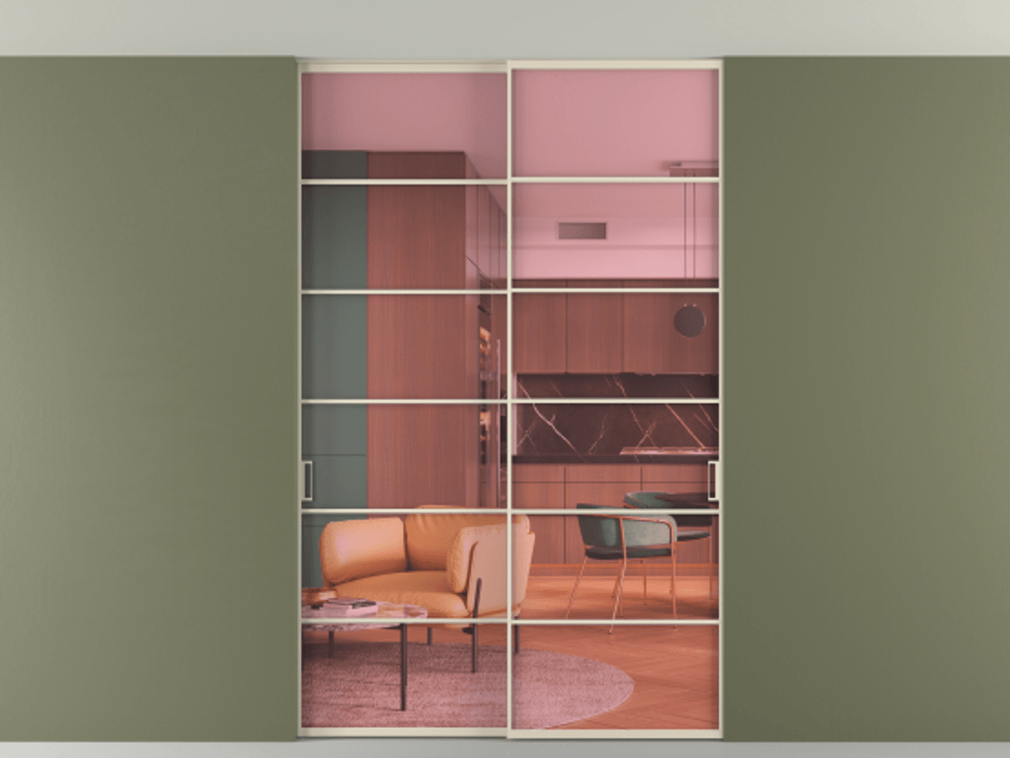 Перегородка Formato внутри проёма скрытое крепление в потолок 2 створки АЛПР 040.04 Алюминий бежево-серый Прозрачное розовое стекло, триплекс Цена 1686100 ₸ | Volhovec