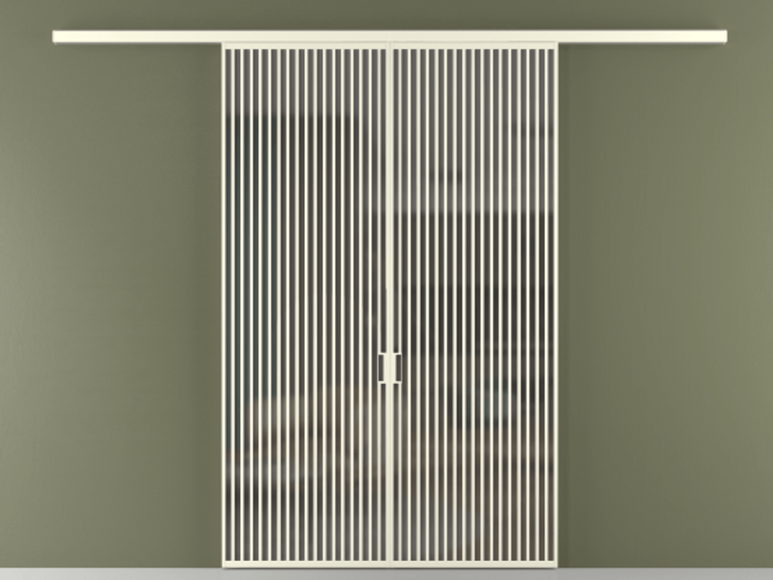 Перегородка Formato вдоль стены двустворчатая АЛПР 040.06 Алюминий молочно-белый Сатинированное серое стекло, триплекс Цена 2244900 ₸ | Volhovec