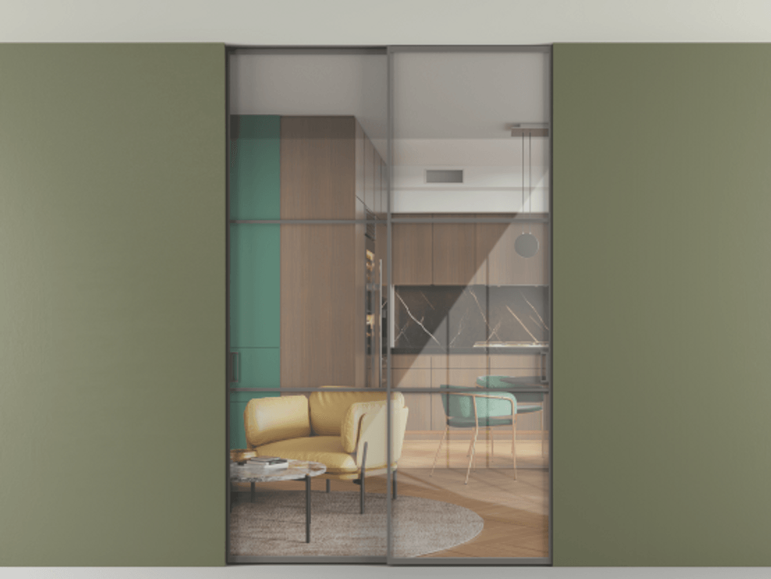 Перегородка Formato внутри проёма скрытое крепление в потолок 2 створки АЛПР 040.03 Алюминий классический серый Рефлективное прозрачное стекло "Stopsol", калёное Цена 1906440 ₸ | Volhovec