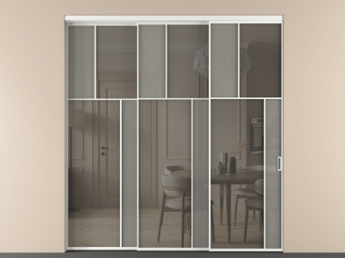 Перегородка Mosaic внутри проёма 3 створки с синхронным механизмом АЛПР 041.23 Алюминий белоснежный Сатинированное серое стекло, триплекс, 6 мм + Прозрачное серое стекло, триплекс Цена 2729310 ₸ | Volhovec