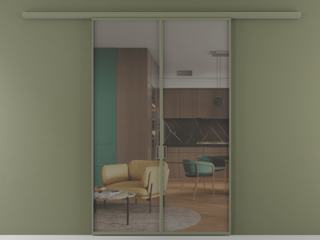 Перегородка Formato вдоль стены 2 створки АЛПР 040.01 Алюминий оливковый тёмный Прозрачное серое стекло, триплекс Цена 1212560 ₸ | Volhovec