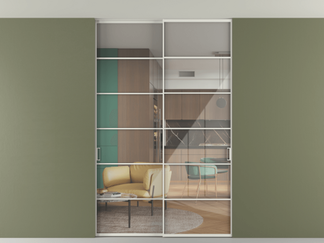 Перегородка Formato внутри проёма скрытое крепление в потолок 2 створки АЛПР 040.04 Алюминий серый Рефлективное прозрачное стекло "Stopsol", калёное Цена 2013520 ₸ | Volhovec