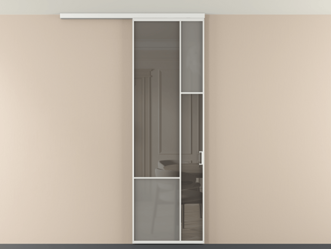 Перегородка Mosaic вдоль стены на потолок 1 створка АЛПР 041.12 Алюминий белоснежный Сатинированное серое стекло, триплекс, 6 мм + Прозрачное серое стекло, триплекс Цена 842650 ₸ | Volhovec