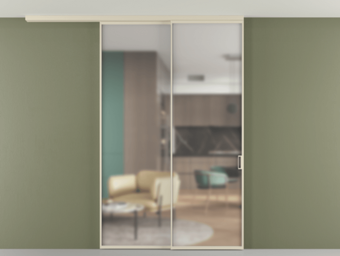 Перегородка Formato вдоль стены на потолок 2 створки с синхронным механизмом АЛПР 040.01 Алюминий бежево-серый Сатинированное стекло "Matelux Crystal Vision", калёное, матовое, каленое 6 мм Цена 1966470 ₸ | Volhovec