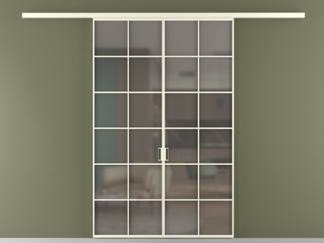 Перегородка Formato вдоль стены 2 створки АЛПР 040.05 Алюминий молочно-белый Сатинированное серое стекло, триплекс Цена 1344350 ₸ | Volhovec