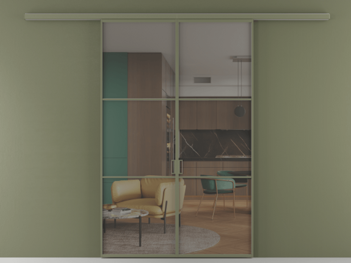 Перегородка Formato вдоль стены 2 створки АЛПР 040.03 Алюминий оливковый тёмный Прозрачное серое стекло, триплекс Цена 1266470 ₸ | Volhovec