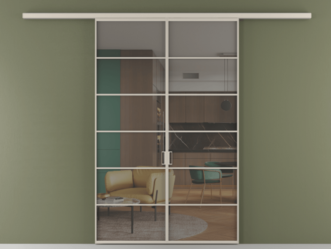 Перегородка Formato вдоль стены 2 створки АЛПР 040.04 Алюминий светло-бежевый Прозрачное серое стекло, триплекс Цена 1344350 ₸ | Volhovec