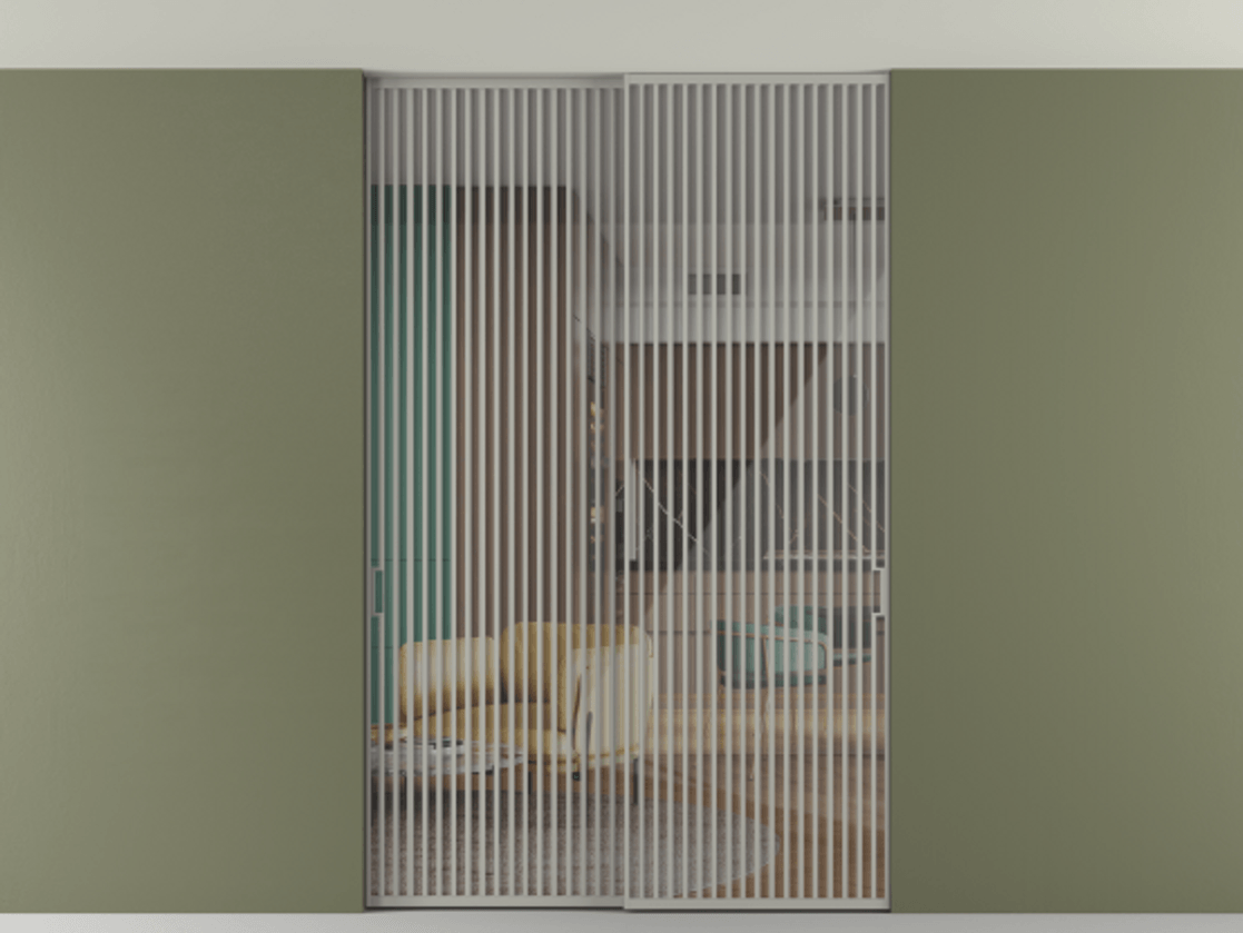 Перегородка Formato внутри проёма скрытое крепление в потолок 2 створки АЛПР 040.06 Алюминий нейтральный серый Рефлективное прозрачное стекло "Stopsol", калёное Цена 3251790 ₸ | Volhovec