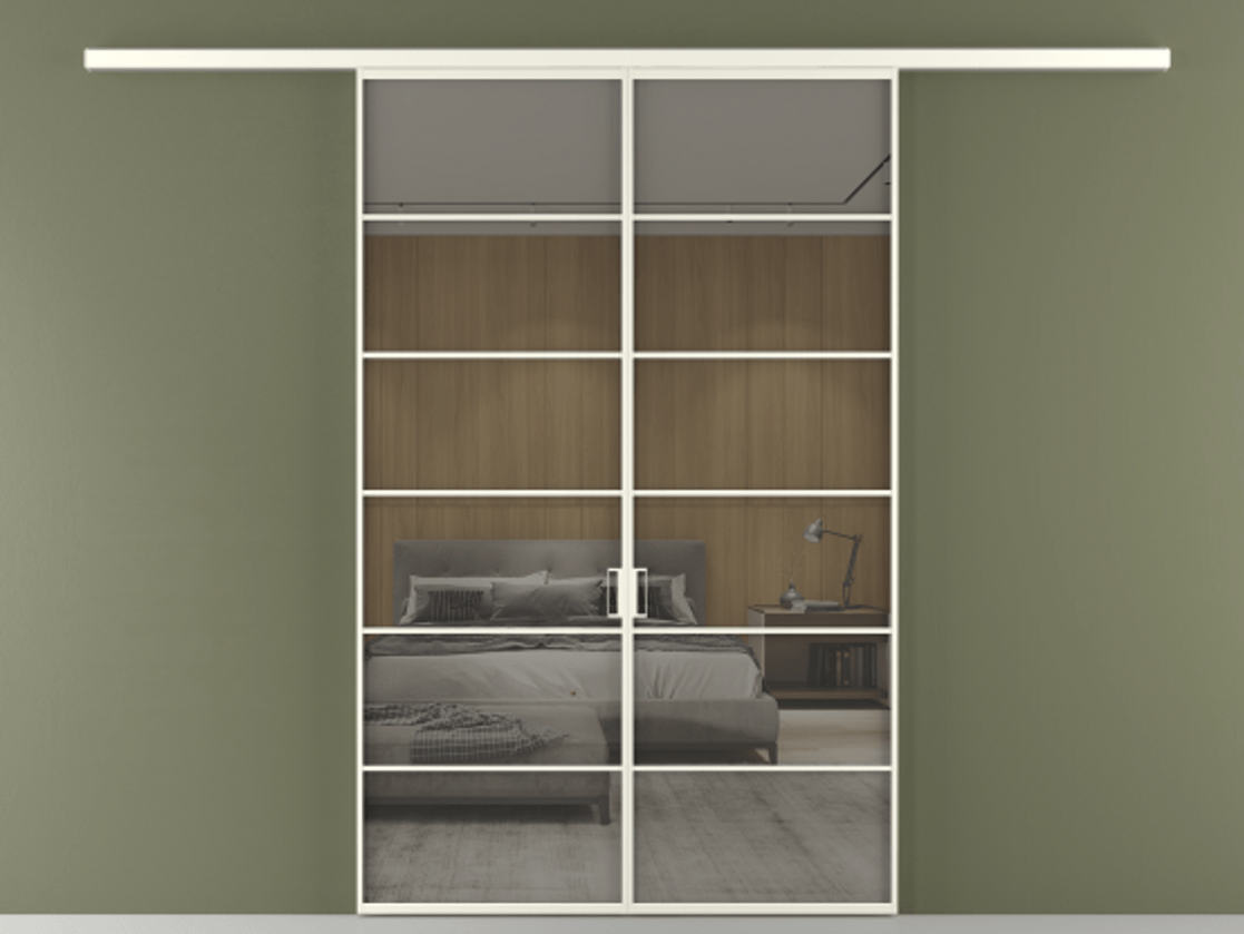 Перегородка Formato вдоль стены 2 створки АЛПР 040.04 Алюминий жемчужный Рефлективное серое стекло "Stopsol", калёное Цена 1651100 ₸ | Volhovec