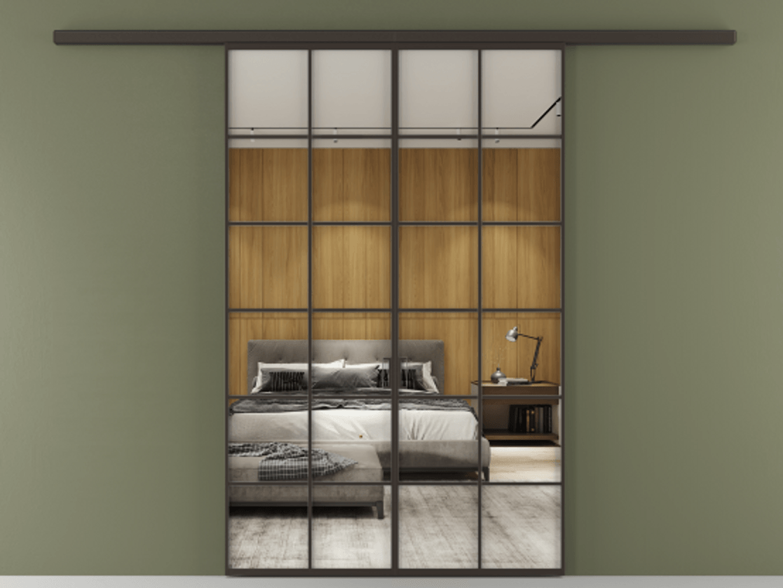 Перегородка Formato вдоль стены двустворчатая АЛПР 040.05 Алюминий антрацит Двустороннее зеркало, триплекс , триплекс 6 мм Цена 1344350 ₸ | Volhovec