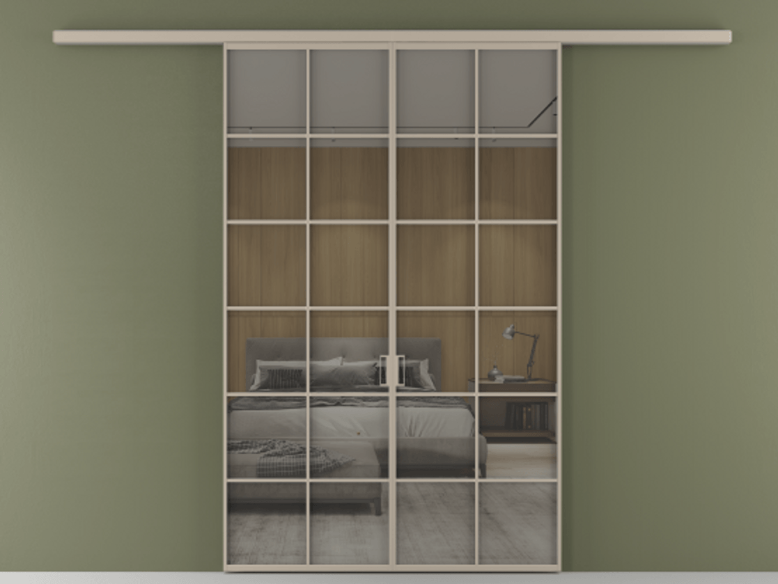 Перегородка Formato вдоль стены 2 створки АЛПР 040.05 Алюминий бисквитный Рефлективное серое стекло "Stopsol", калёное Цена 1651100 ₸ | Volhovec